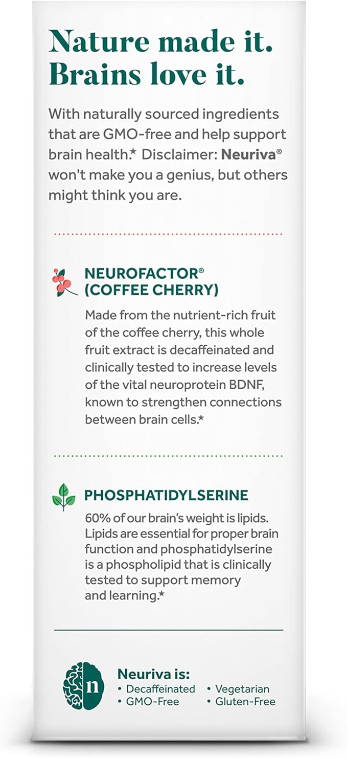 NEURIVA Original Decaffeinated Clinically Tested Nootropic Brain Supplement for MemoryFocus &amp ConcentrationNeuroFactor &amp Phosphatidylserine28ct Capsules(Pack of 2)