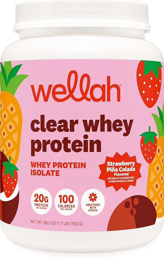 Wellah Clear Whey Protein Isolate Powder (Strawberry Piña Colada) 30 Servings - 20g of Protein 100 Calories Sweetened with Stevia