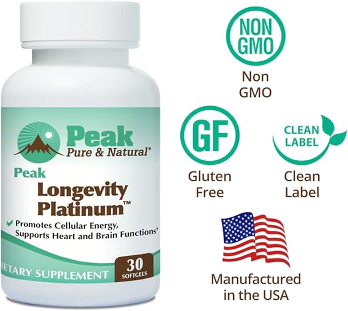 Peak Longevity Platinum PQQ Supplement with Coenzyme Q10 - Pyrroloquinoline Quinone with Ubiquinol CoQ10 and Shilajit - Mitochondrial Supplement for Natural Energy and Healthy Aging (30 Softgels)