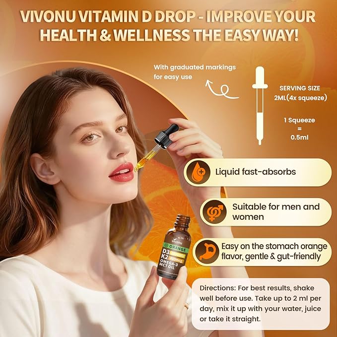 VivoNu Vitamin D3 K2 Drops D3 20000 IU &amp K2 as MK-7 400mcg with Magnesium Calcium Zinc &amp Omega 3 for Immune* Mood* Bone* Health Orange Flavor Vitamin D Liquid Drops Supplement Non-GMO (