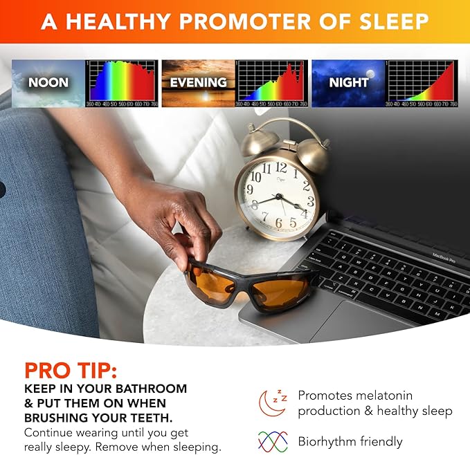 Sleep Savior Deluxe Amber Lens Glasses - Block Blue &amp Green Light Boost Melatonin Enhance Sleep Quality Reduce Eye Strain Interchangeable Strap Padded for Ultimate Comfort