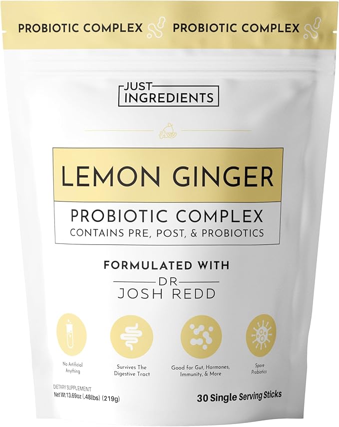 JUST INGREDIENTS Lemon Ginger Probiotic Complex - Prebiotics Probiotics Postbiotics - 30 Sticks