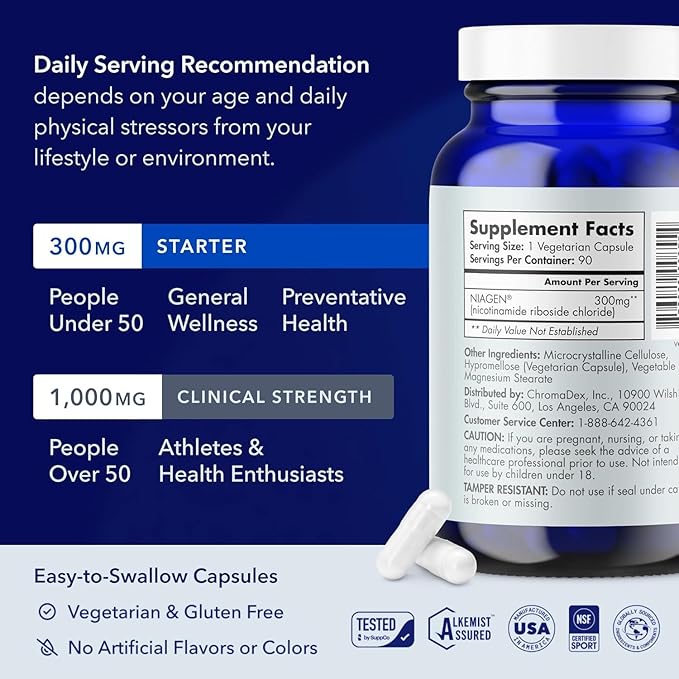 TRU NIAGEN Patented NAD Supplement for Brain Function Anti Aging &amp Cell Regeneration 300mg Niagen 90 Servings | Supports Cellular Energy Muscle | Nicotinamide Riboside (NR) Take 1 Daily | 2 Bo