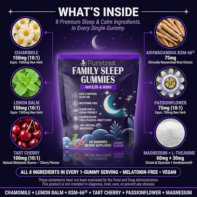 Family Sleep Gummies for Adults &amp Kids – Melatonin-Free Cherry Flavor – Vegan Sugar-Free Natural Calming Blend with Magnesium L-Theanine Chamomile &amp Ashwagandha – 60 Gummies