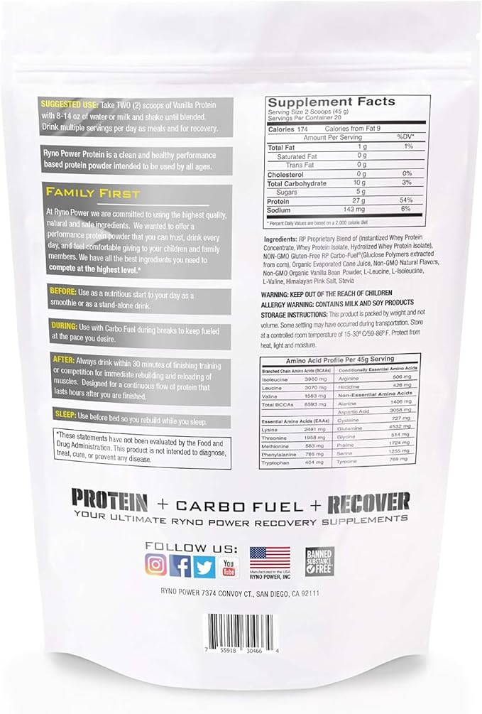 Ryno Power All Natural Whey Protein 2lb (20 Servings) 'Vanilla' - 100% Whey Protein Blend &amp No Fillers - Non GMO