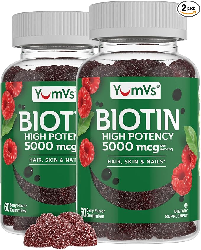 YumVs Biotin Gummies 5000mcg - Luscious Raspberry Flavor - Thicker Faster Hair Growth Gummies for Women or Men - Hair Skin &amp Nails Vitamins - Hair Gummy - Vegetarian Biotin Supplement (60 Ct. 2p