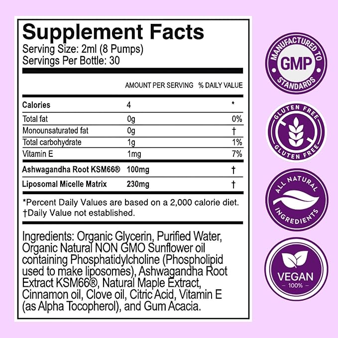 PURALITY HEALTH Ashwagandha Liposomal Liquid Formula for Enhanced Memory and Brain Performance KSM-66 Ashwagandha Extract 2 fl oz Chai Flavor