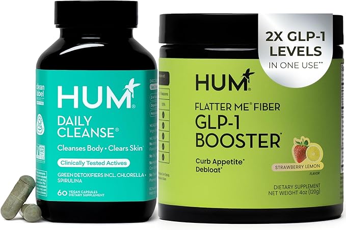 HUM Flatter Me GLP-1 Fiber Daily Cleanse Detox Bundle – Appetite Control Bloating Relief Clear Skin Gut Health &amp Natural Detox with Zinc Spirulina &amp Herbs for Women &amp Men
