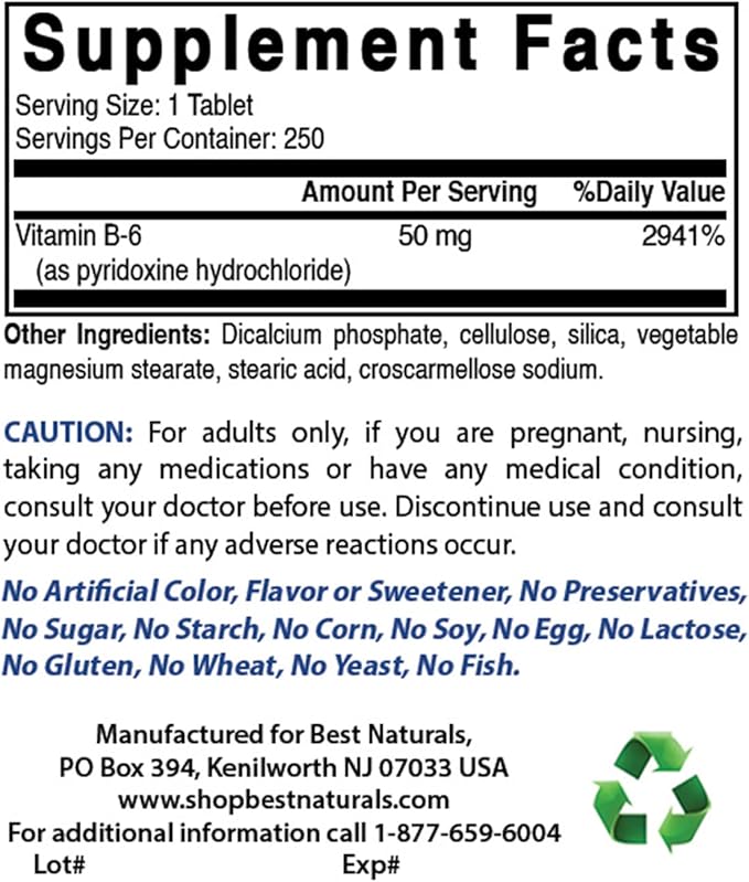 Best Naturals Vitamin B6 50 mg 250 Tablets (250 Count (Pack of 3))