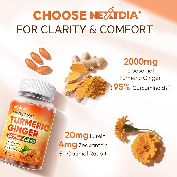 Liposomal Turmeric Ginger Curcumin Complex Supplement Pills 2000mg Organic Turmeric Root with Black Pepper Lutein and Zeaxanthin Supplements Liquid Softgels 95% Curcuminoids Non-GMO 240ct