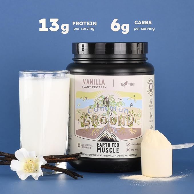 Earth Fed Muscle Common Ground Vanilla Vegan Protein Powder - Organic Plant Based Protein Powder with Pea Hemp Goji MCT Soy-Free Gluten-Free Vegan Protein for Women &amp Men - 30 Servings