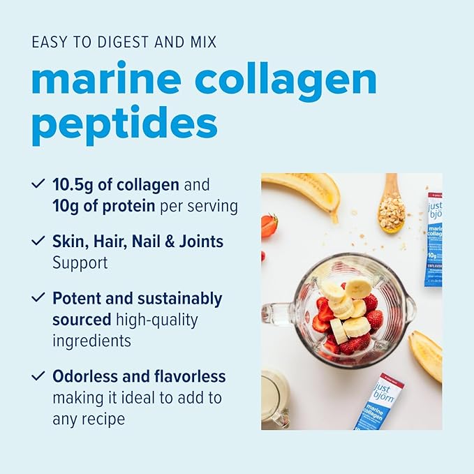 Just Bjorn Marine Collagen Peptides Powder On-The-Go Stick Packs - Collagen Powder for Women &amp Men - Skin Hair Nail &amp Joint Support - Hyaluronic Acid Vitamin C Amino Acids - Unflavored (10