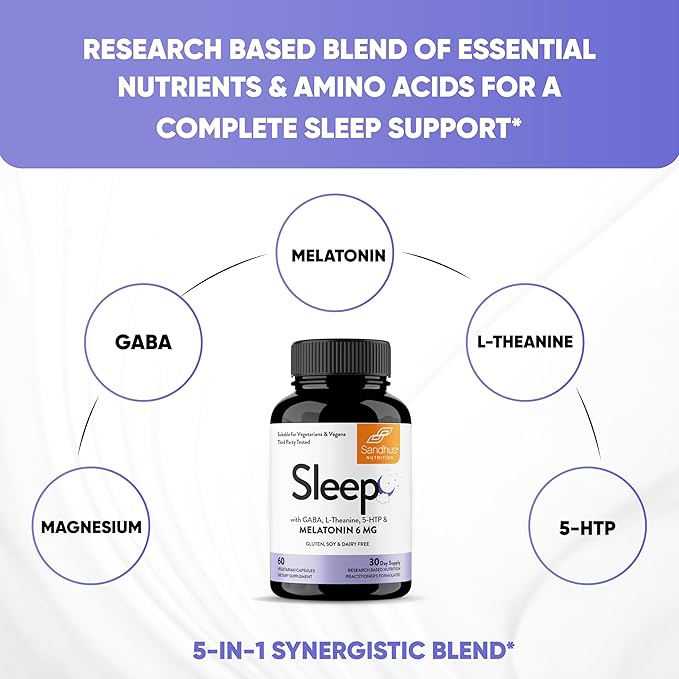Sandhu's Sleep 60 Capsules –Non-Habit Forming 5-in-1 Sleep Aid Supplement with Melatonin Magnesium GABA L-Theanine &amp 5-HTP