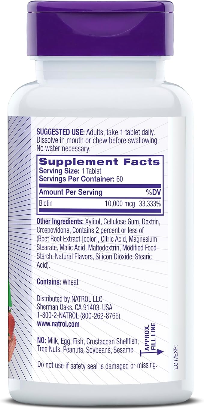 Natrol Beauty Biotin 10000mcg Dietary Supplement for Healthy Hair Skin Nails and Energy Metabolism 60 Strawberry-Flavored Fast Dissolve Tablets 60 Day Supply (Pack of 12)