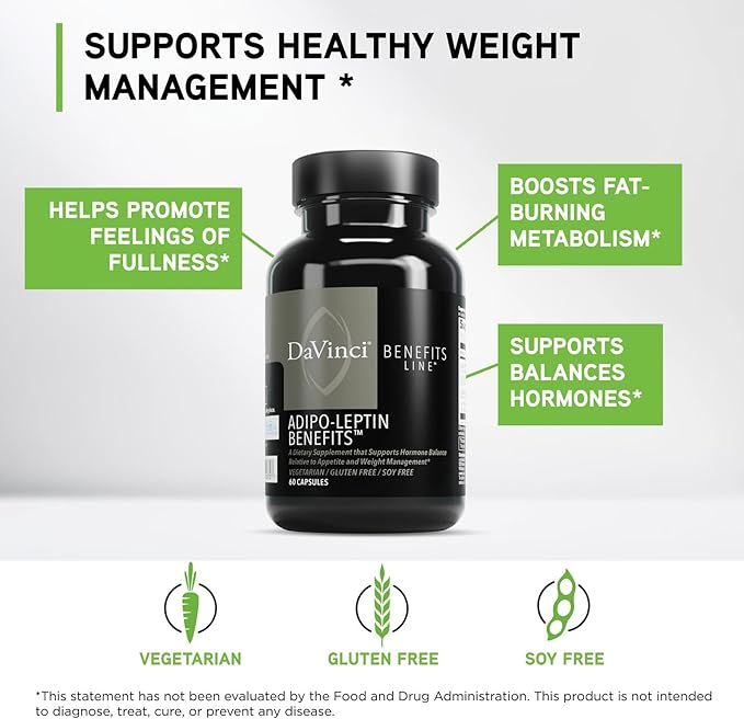 DAVINCI Labs Adipo-Leptin Benefits Dietary Supplement - Hormone Balance Support &amp Metabolism Support with Green Tea Extract Green Coffee Bean Extract &amp More* - 60 Vegetarian Capsules (30 Serv