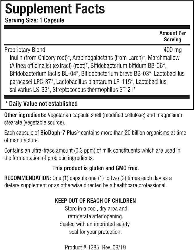 Biotics Research BioDoph7 Plus Prebiotics Probiotics for Women/Men - 400 mg - Daily Probiotic Promotes Digestive Health Gut Health Clearer Skin - 60 Capsules