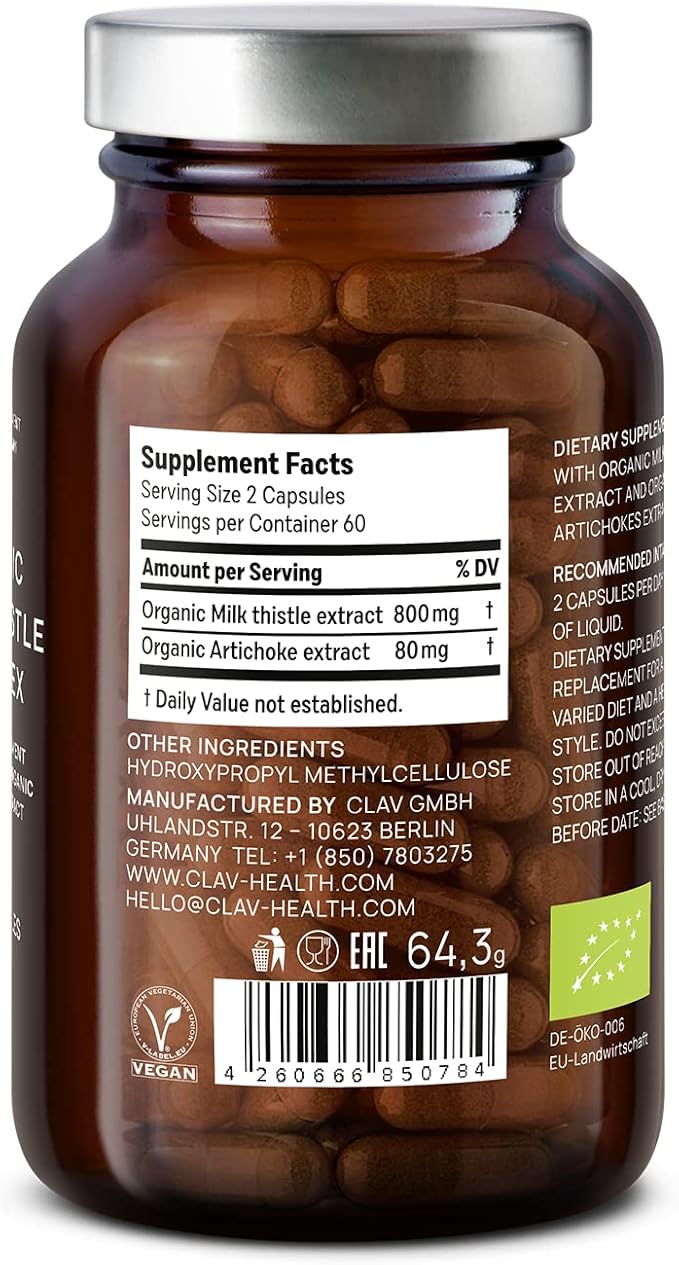 CLAV Organic Milk Thistle &amp Artichoke Extract Complex -Rich in Silymarin &amp Bitters - Liver Support + Detox Supplement - 120 Capsules (60 Days Supply) - Vegan - Made in Germany