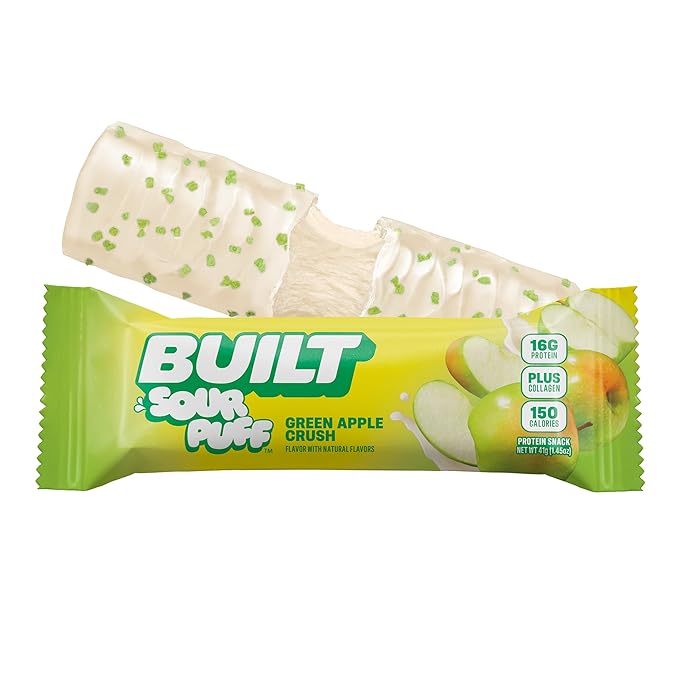 BUILT Bar Sour Puff Protein Bars - Green Apple Crush - 16g Protein Snack Bars with Collagen - Calorie Conscious &amp Gluten Free - 12 Count