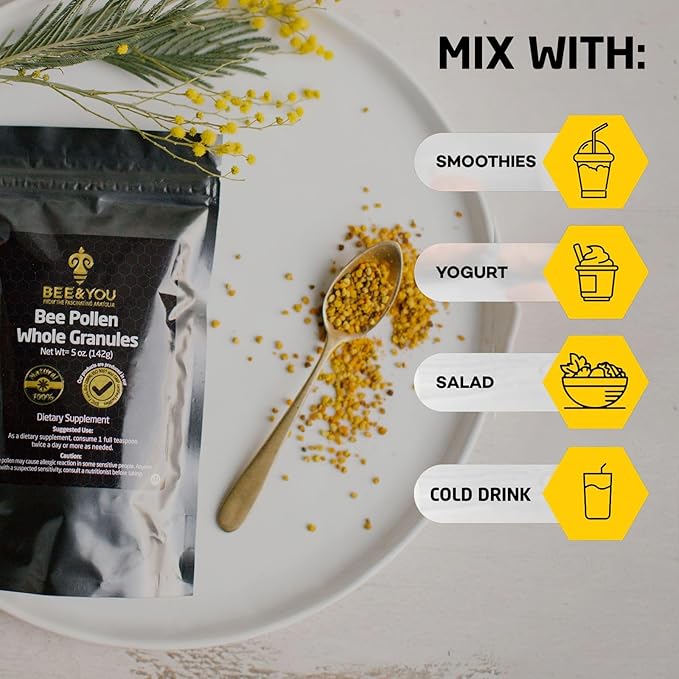 Bee and You Propolis Shot 12 Bottles and Bee Pollen Bundle Natural Supplement Bee Propolis Antioxidants Proteins Vitamins Amino Acids for Adults Women Me
