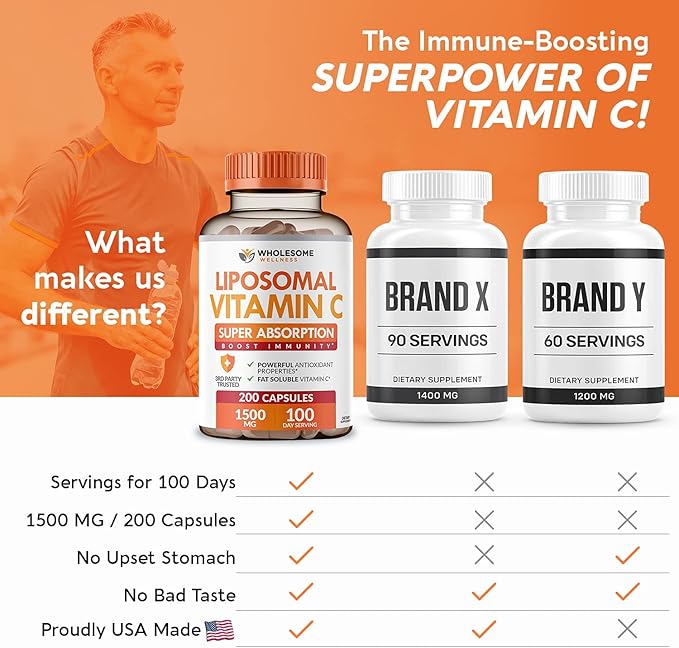 Wholesome Wellness Liposomal Vitamin C Capsules (200 Pills 1500mg Buffered) High Absorption Immune System &amp Collagen Booster High Dose Fat Soluble Immunity Support Ascorbic Acid Natural Vegan