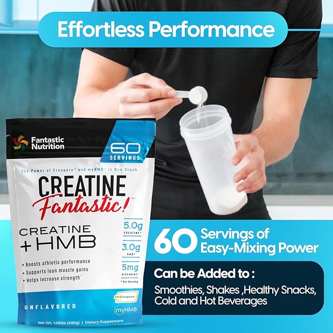 Fantastic Nutrition's Creatine + HMB — Clinically Dosed 5g Creapure German Creatine Monohydrate Plus 3g myHMB for Strength Lean Muscle &amp Recovery — 60 Servings Unflavored