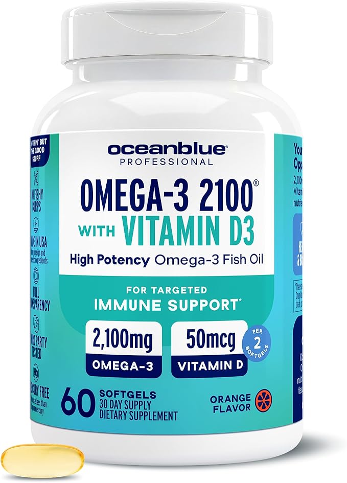 Oceanblue Professional Omega-3 2100 with Vitamin D3 – 60 ct – Triple Strength Burpless Fish Oil Supplement with High-Potency EPA DHA DPA and Vitamin D3 – Wild-Caught – Orange Flavor (30 Servings)