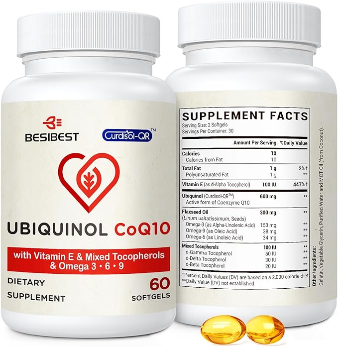 Ubiquinol CoQ10-600mg-Softgel Active Coq10 Ubiquinol Supplement with Vitamin E &amp Omega 3 6 9 High Absorption-Coenzyme-Q10 Powerful Antioxidant for Energy Production Tested 60 Count