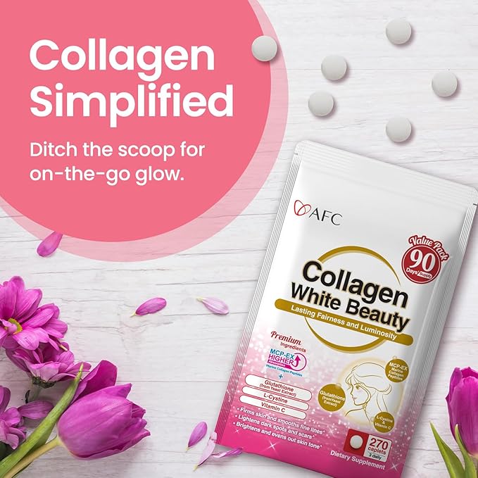AFC Japan Collagen White Beauty with Marine Collagen Peptide Glutathione L-Cystine - 1.5X Better Absorption Than Other Collagen – Supports Skin Firmness &amp Radiance x3 Packs – 270 Days Supply