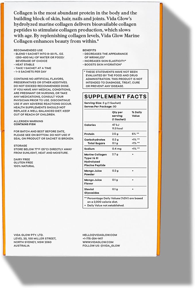 Vida Glow Marine Collagen Powder - Anti Aging Supplement with Collagen Peptides Promotes Glowing Skin Strong Nails Healthy Hair | 30 Servings Mango Flavor