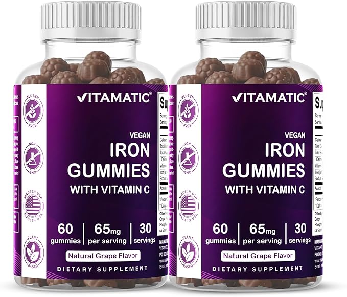 Vitamatic Iron 65 mg Gummies Supplement for Women &amp Men - 60 Vegan Gummies - Great Tasting Iron Gummy Vitamins with Vitamin C (2)