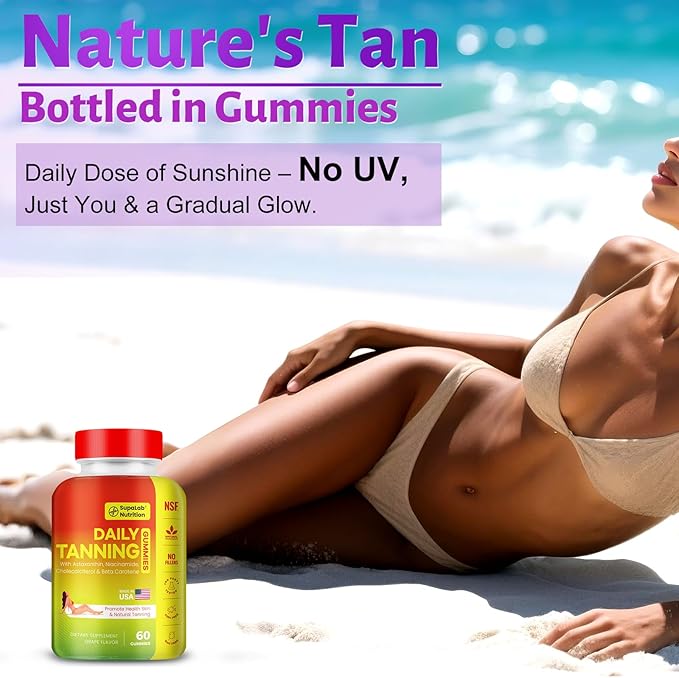 Tanning Gummies for Women Men - Natural Self Tanner Supplement with Astaxanthin Beta Carotene Lycopene Zinc Citrate &amp Vitamins Sunless Tan Booster Skin Hydration &amp Glow (Purple)