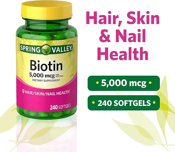 Spring Valley Biotin 5000 mcg 240 Count Dietary Supplement for Hair Skin Nails Hair Vitamins for Hair Loss for Women Bundle with Luall's 45 Diabetes Decoded