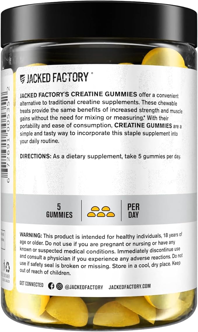 Jacked Factory Creatine Gummies 5g Daily Dose (1g per Gummy) - Creatine Gummy for Men and Women Vegan-Friendly Travel-Friendly Third-Party Tested - 150 Gummies Lemon