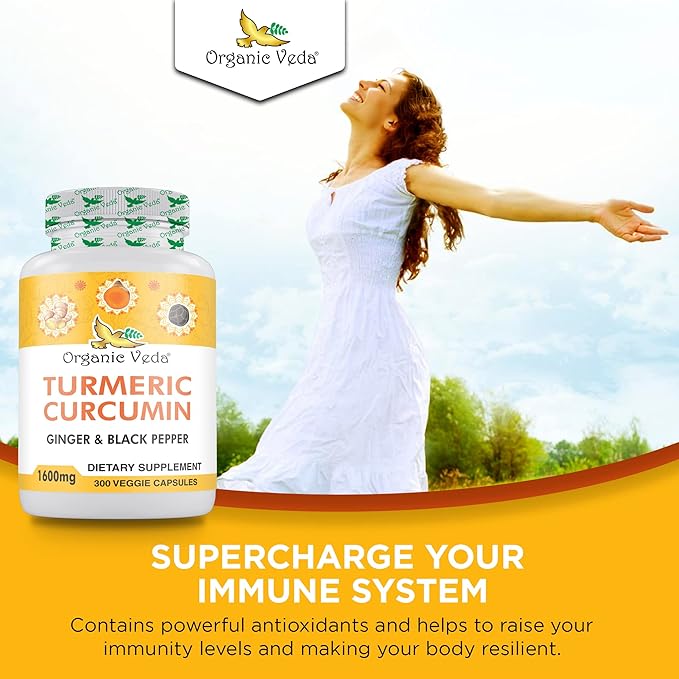 Organic Veda Turmeric and Ginger Capsules 300 Pills - Organic Turmeric Curcumin with Black Pepper for Joint Support - Non GMO Gluten Free Turmeric and Ginger Supplement (95% curcuminoids)