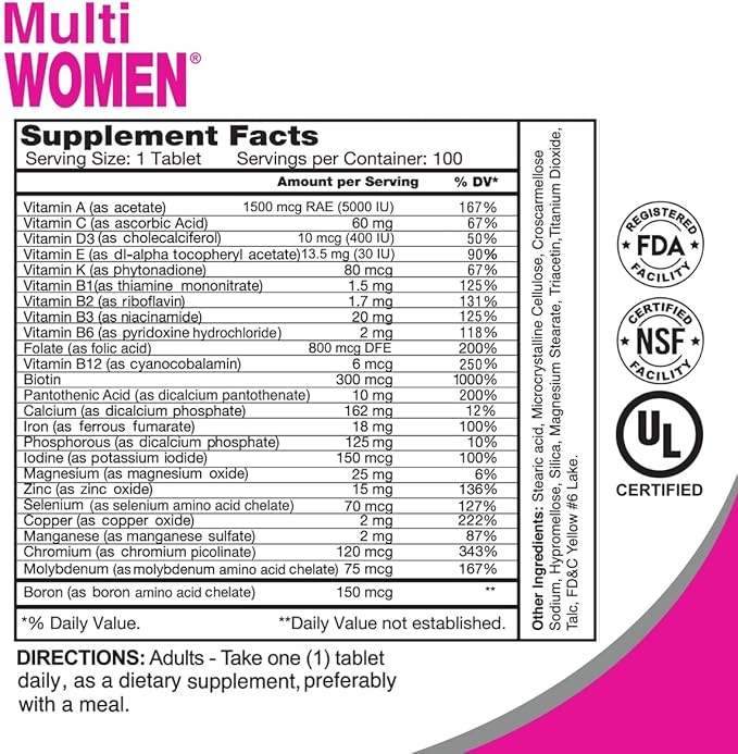 ALFA VITAMINS Multi Women Vitamins Dietary Supplement with Essential Vitamins &amp Minerals for Women - Amino Acids + Antioxidants - 100 Tablets (2 Pack)