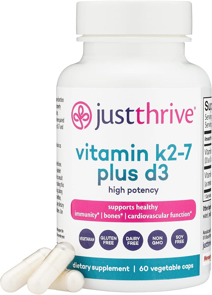Just Thrive Vitamin K2-7 Plus D3 - Immune Heart and Bone Health Supplement 60 Vegetable Capsules