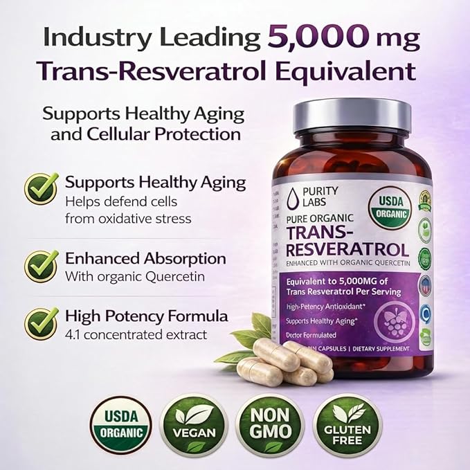 Purity Labs Trans-Resveratrol Supplement 5000 mg Equivalent per Serving with Quercetin USDA Organic High Potency Antioxidant Vegan Capsules 90 Count