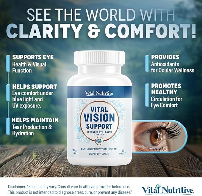 Vital Vision Support – Eye Health Supplement with Vitamin A Lutein Beta Carotene &amp Antioxidants – Eye Vitamins Support Hydration &amp Oxidative Stress -30 Days Serving