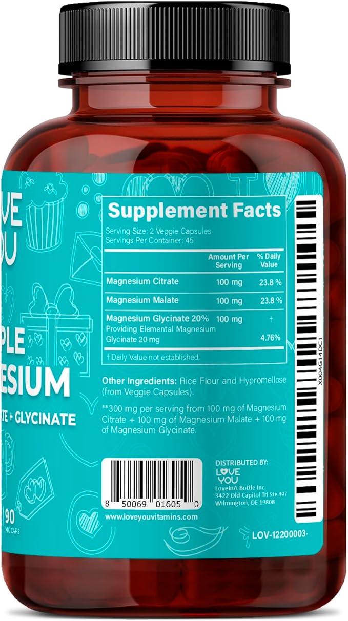 Love You Triple Magnesium Complex – 300mg per Serving Premium Magnesium Glycinate Citrate &amp Malate – High Absorption for Muscle Nerve &amp Sleep Support 90 Veggie Capsules