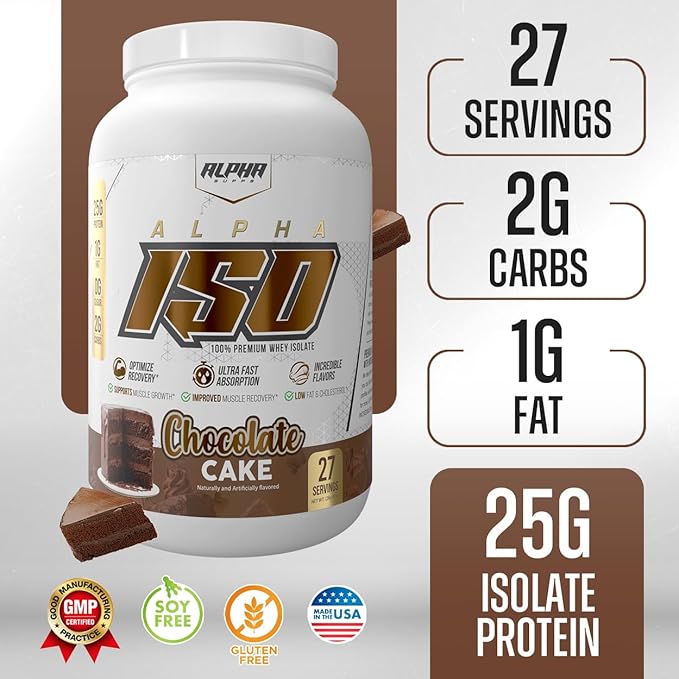 Alpha Supps ISO Low Carb 100% Whey Protein Isolate Powder 25 Grams Per Serving Helps Support Muscle Growth Low Sugar and Gluten Free (Chocolate Cake 2 lb)