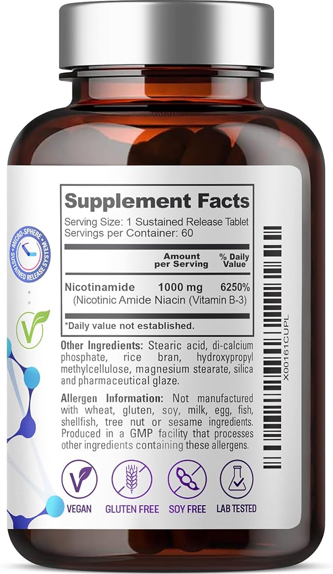 biophix B-3 Nicotinamide 1000 mg 60 Tablets Extra Strength Timed Release - Nicotinic Amide Niacin Natural Flush-Free Vitamin Formula - Supports Skin Cell Health