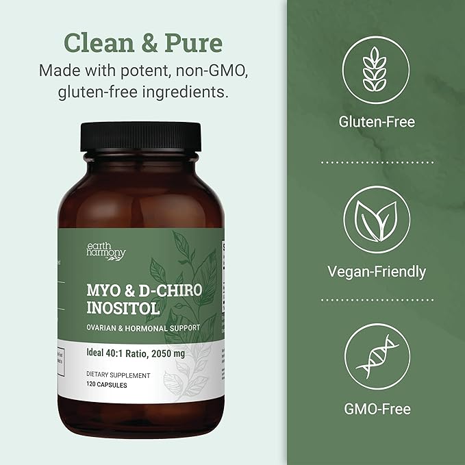 Earth Harmony Myo-Inositol &amp D-Chiro Inositol Supplement for Women Ovarian &amp Hormone Balance for Women - Supports Normal Cycles Fertility Supplement (120 Capsules)
