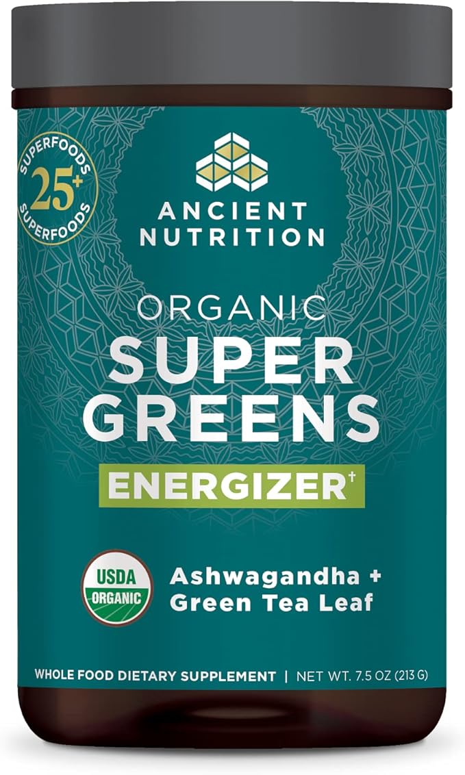 Ancient Nutrition Organic SuperGreens Energizer Powder with Probiotics and B12 Made from Real Fruits Vegetables and Herbs for Digestive Detoxification and Energy Support 25 Servings