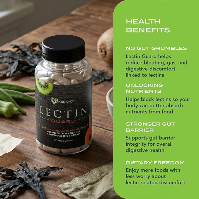 KaraMD Lectin Guard | Colon Cleansing Lectin Blocker | Slippery Elm Bladderwrack Sodium Alginate Okra Kiwi &amp Papaya | Gut Health for Women and Men Gluten Free 30 Capsules