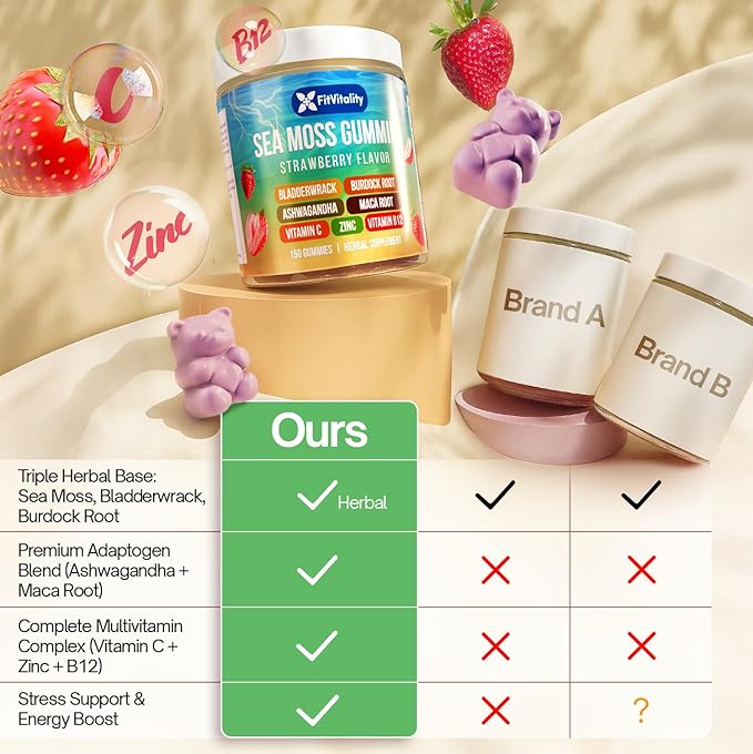 150 Sea Moss Gummies | 9-in-1 Formulation with Irish Sea Moss Ashwagandha Burdock Elderberry Bladderwrack Maca Zinc B12 | Energy &amp Immune Support | Strawberry Flavor Vegan Gummies