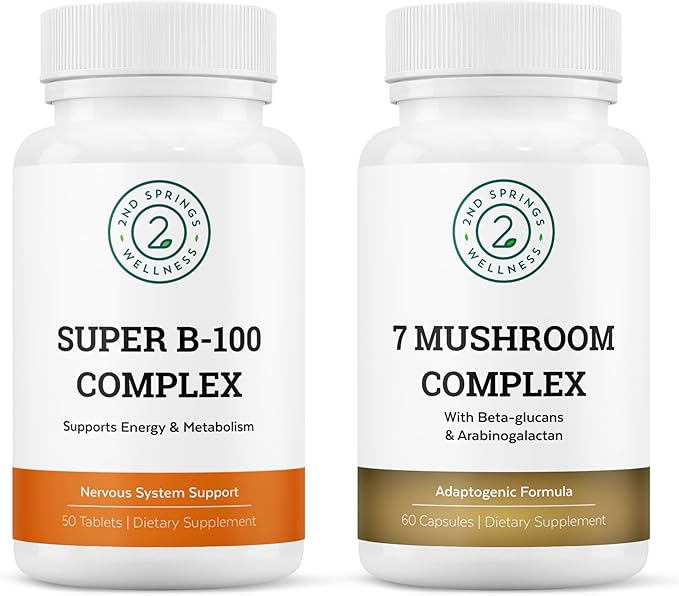 Organic 7 Mushroom Complex &amp B-100 B Vitamin Complex Vitality Bundle