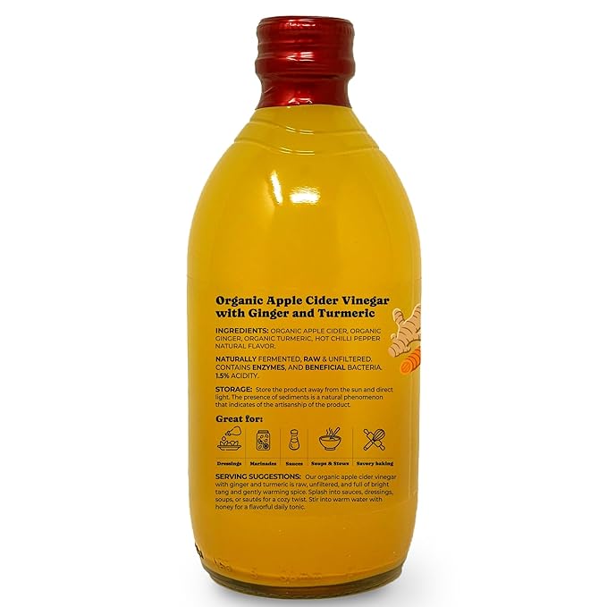 Food To Live Organic Apple Cider Vinegar with Ginger and Turmeric 500 ml – Raw Italian Unfiltered Unpasteurized Non-GMO Vegan Bulk Glass Bottle (Pack of 3)
