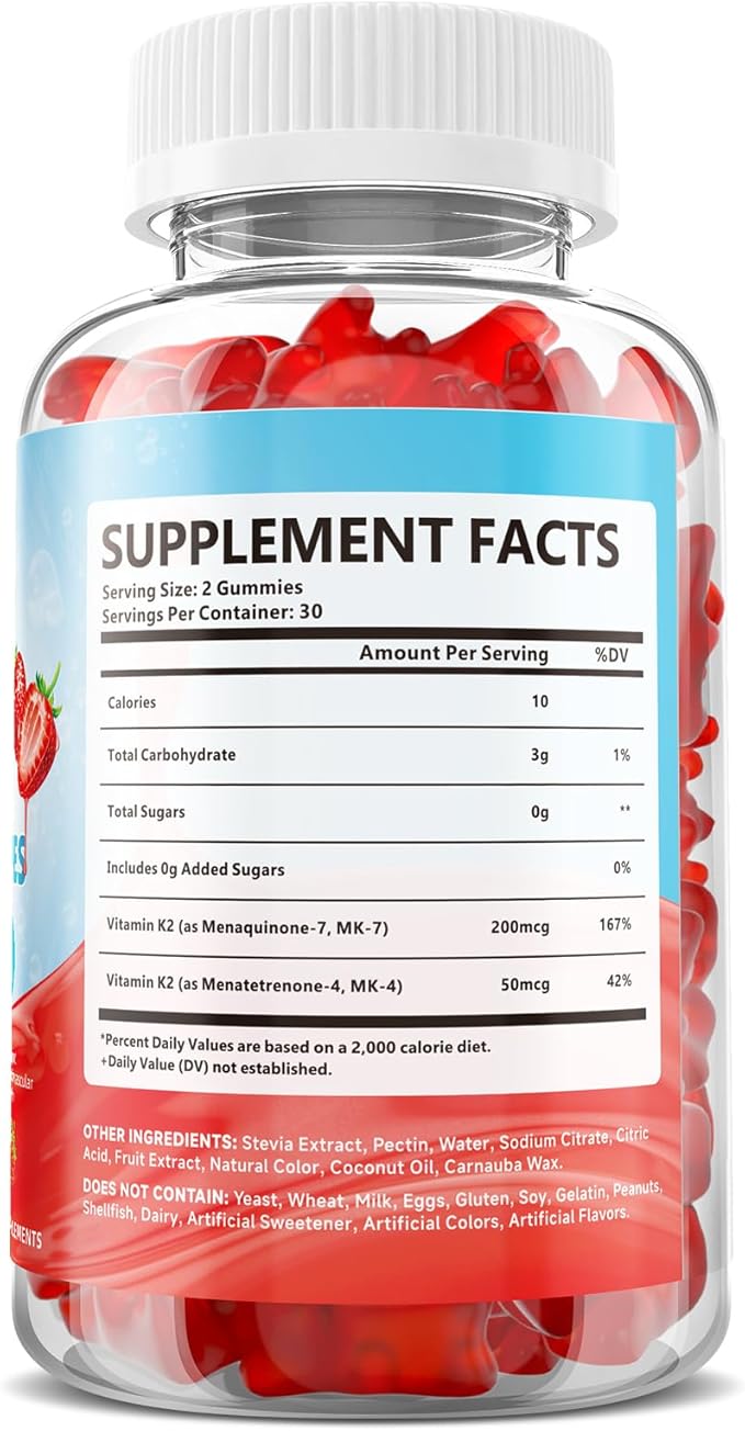 2 Pack Sugar-Free Vitamin K2 Gummies Dual Formula Vitamin K2 Supplement with MK-7 &amp MK-4 Supports Bone Health Gluten-Free Non-GMO Sugar-Free Strawberry Flavor 120 Gummies