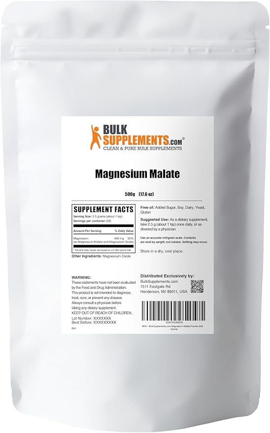 BulkSupplements.com Magnesium Malate Powder - Magnesium Supplements High Bioavailabilty - Unflavored &amp Gluten Free 2.5g per Serving 500g (1.1 lbs) (Pack of 1)