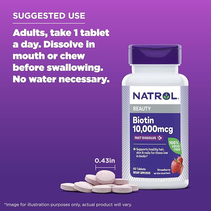 Natrol Beauty Biotin 10000mcg Dietary Supplement for Healthy Hair Skin Nails and Energy Metabolism 60 Strawberry-Flavored Fast Dissolve Tablets 60 Day Supply (Pack of 12)